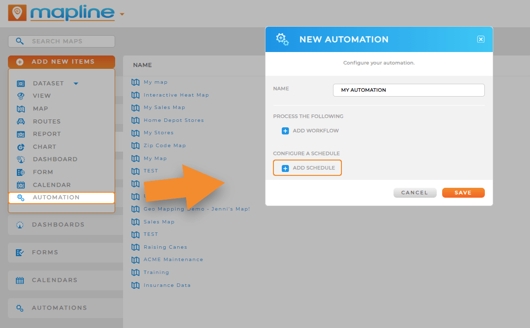 Add a new schedule automation in Mapline