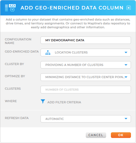 Mapline Coverage Areas lightbox, with the radius section highlighted