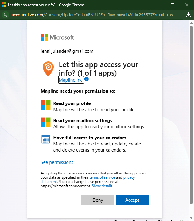 Authorize Mapline to integrate with Outlook Calendar