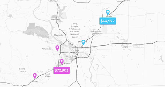 Screenshot of a Mapline map with labels that match the associated pin color