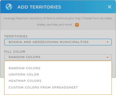 Color-code your Bosnia and Herzegovina Municipalities territory map in seconds