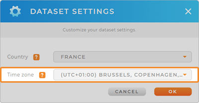 Screenshot of the Dataset Settings lightbox in Mapline, with the Time Zone section highlighted