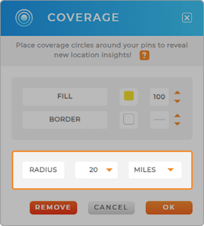 Mapline Coverage Areas lightbox, with the radius section highlighted