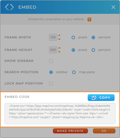 Screenshot of the Embed lightbox in Mapline, with the Embed code section highlighted