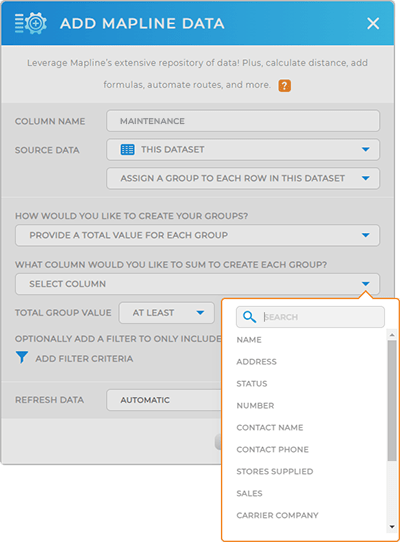 Screenshot of the Mapline Data window: provide a value for each group
