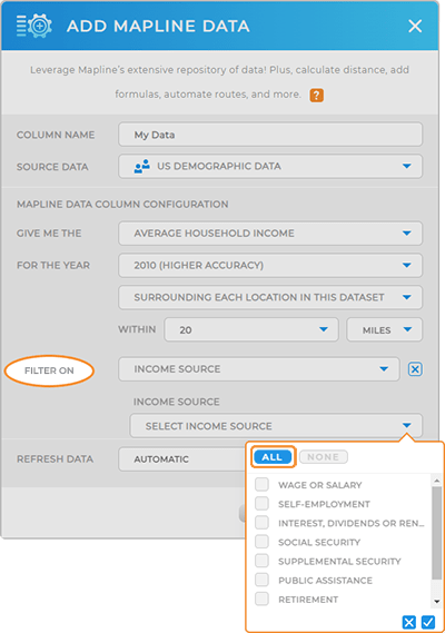 screenshot of Mapline's demographic data, with householder income data highlighted