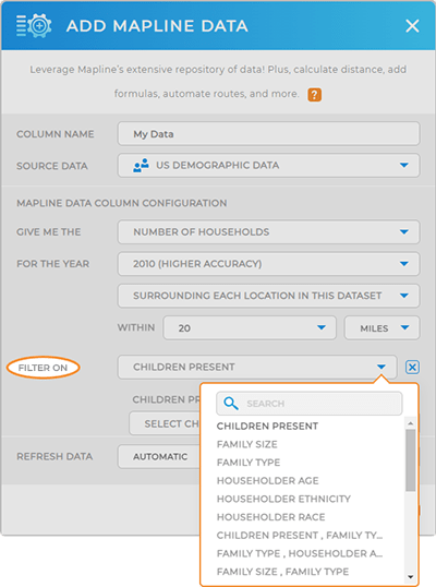 Screenshot of Mapline Data lightbox with demographic data higlighted