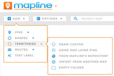 Screenshot of the Add Territories menu in Mapline